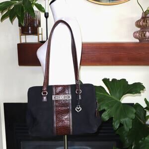 Brighton Black Nylon Canvas Shoulder Bag with Brown Leather Croc Trim - CO51467